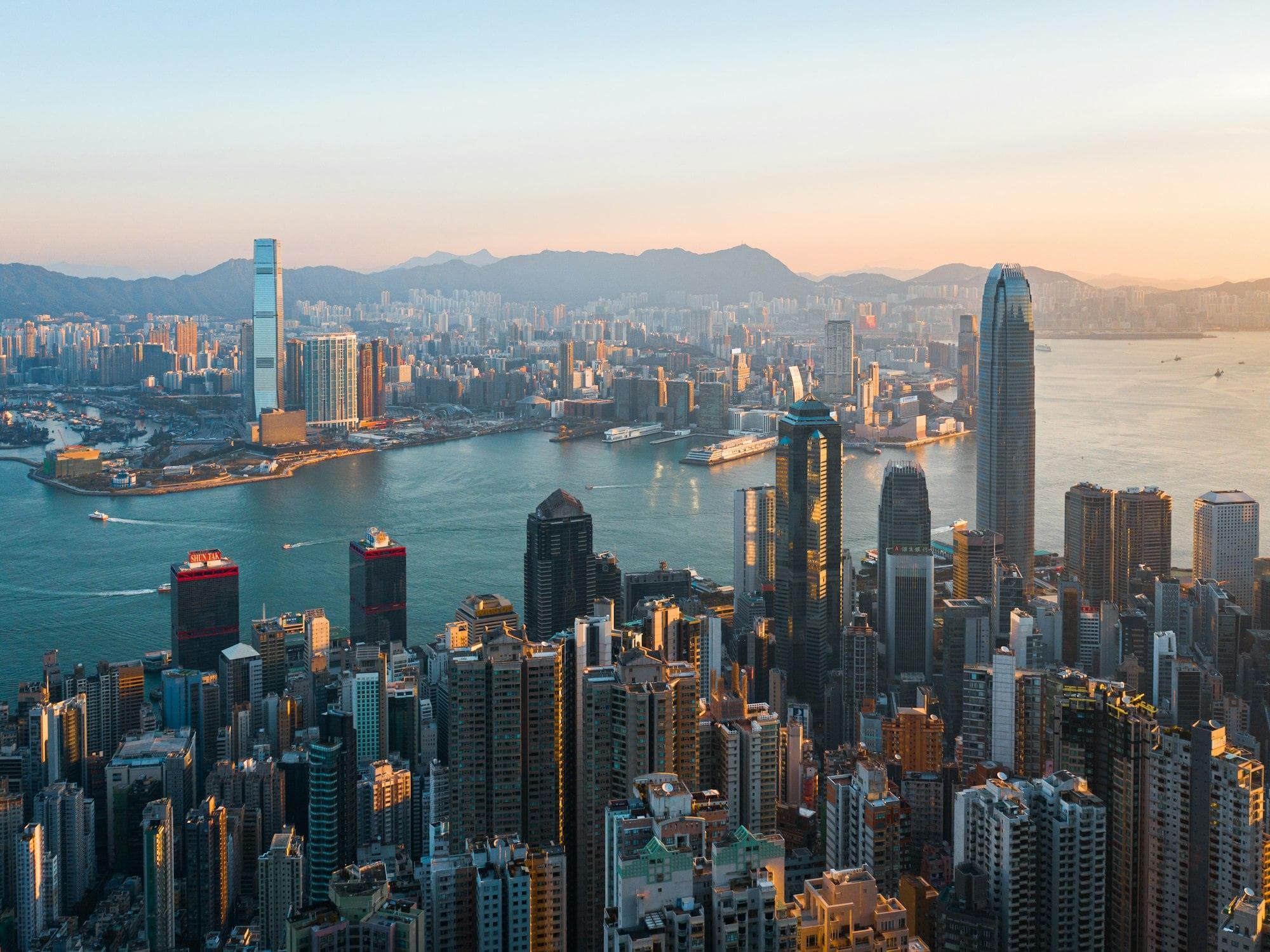 Hong Kong Island and Victoria Harbour at dusk, seen from The Peak