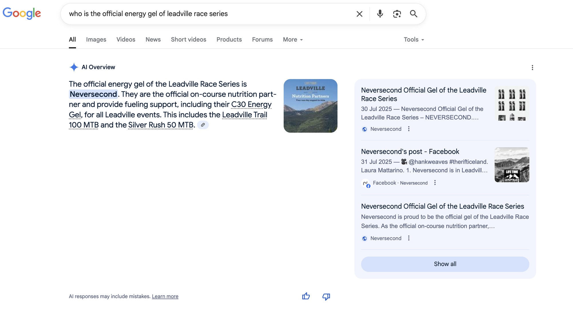 Google AI Overview for the query who is the official energy gel of Leadville Race Series, answering Neversecond and citing the Neversecond page and a Facebook post