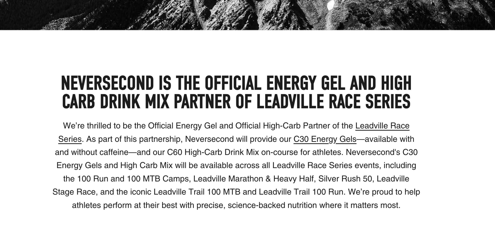 The Leadville Race Series partner page stating that Neversecond is the official energy gel and high-carb drink mix partner