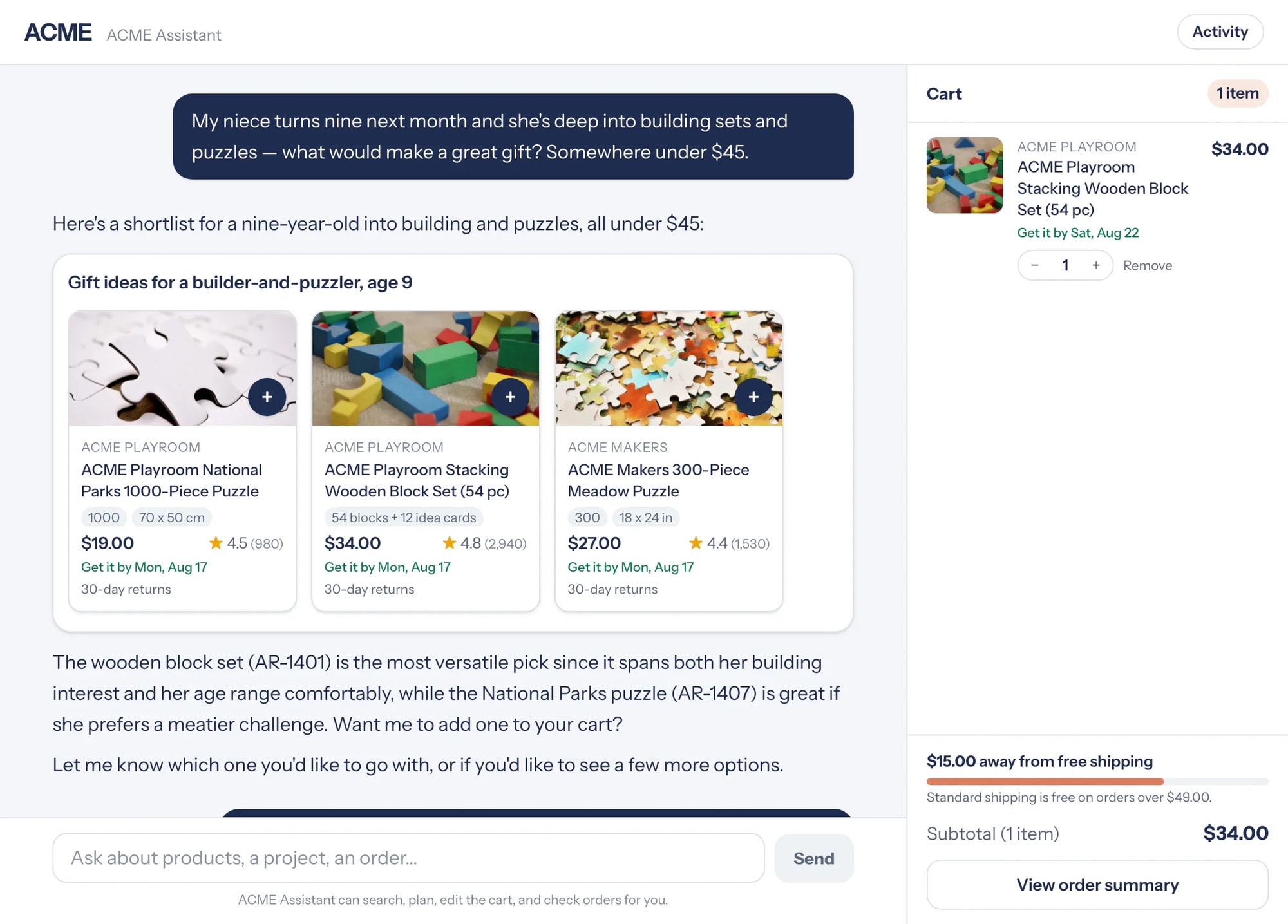 The shopping agent answering a gift question with three products, each showing piece count, size, price, delivery date and returns window, and one already in the basket