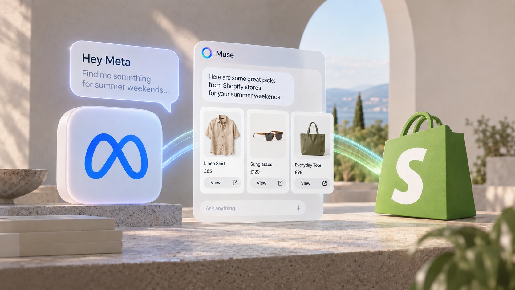 A Muse chat panel answers a request to find something for summer weekends with three products, a linen shirt, sunglasses and an everyday tote, between the Meta logo and a large green Shopify bag on a sunlit stone terrace.