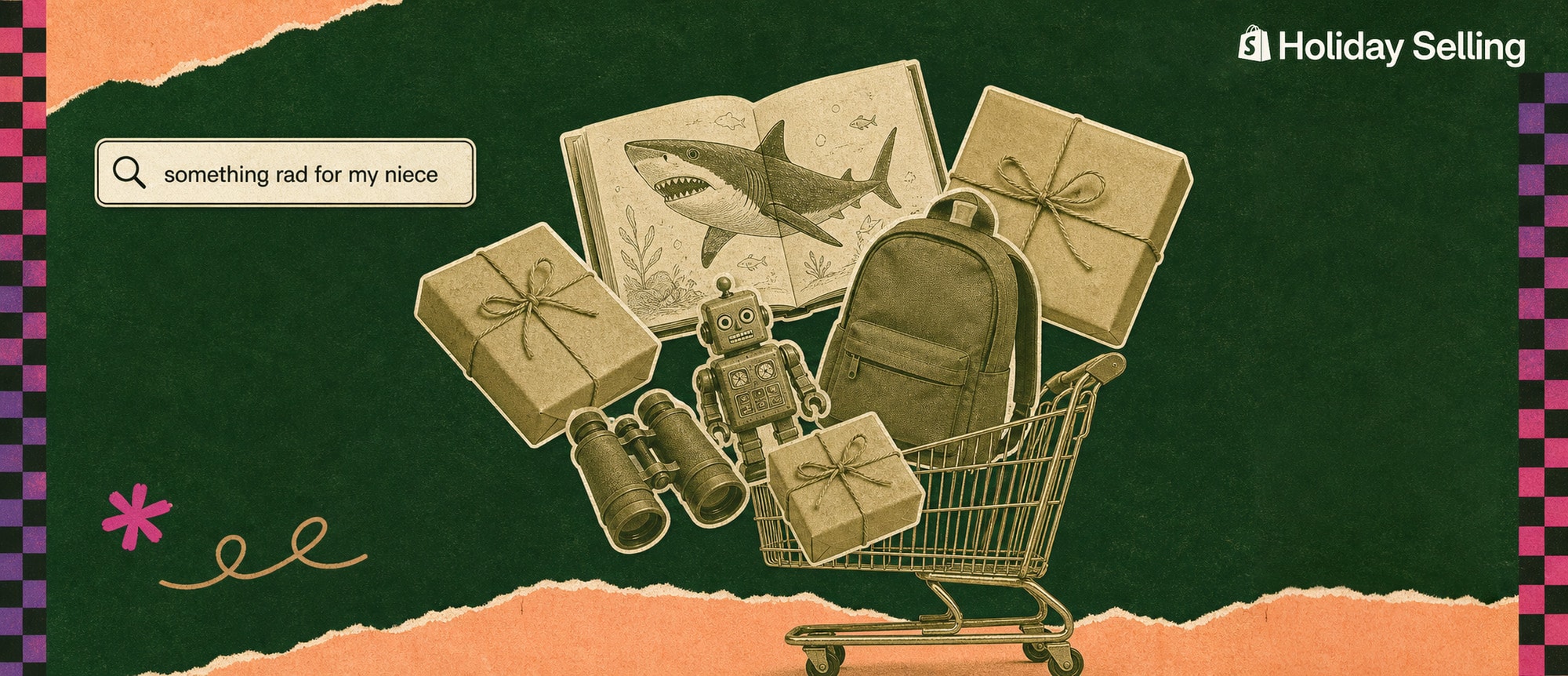 A pale illustration of a gift search, with a card reading It's a gift, a question about a niece who likes sharks, and a product card for a shark art print