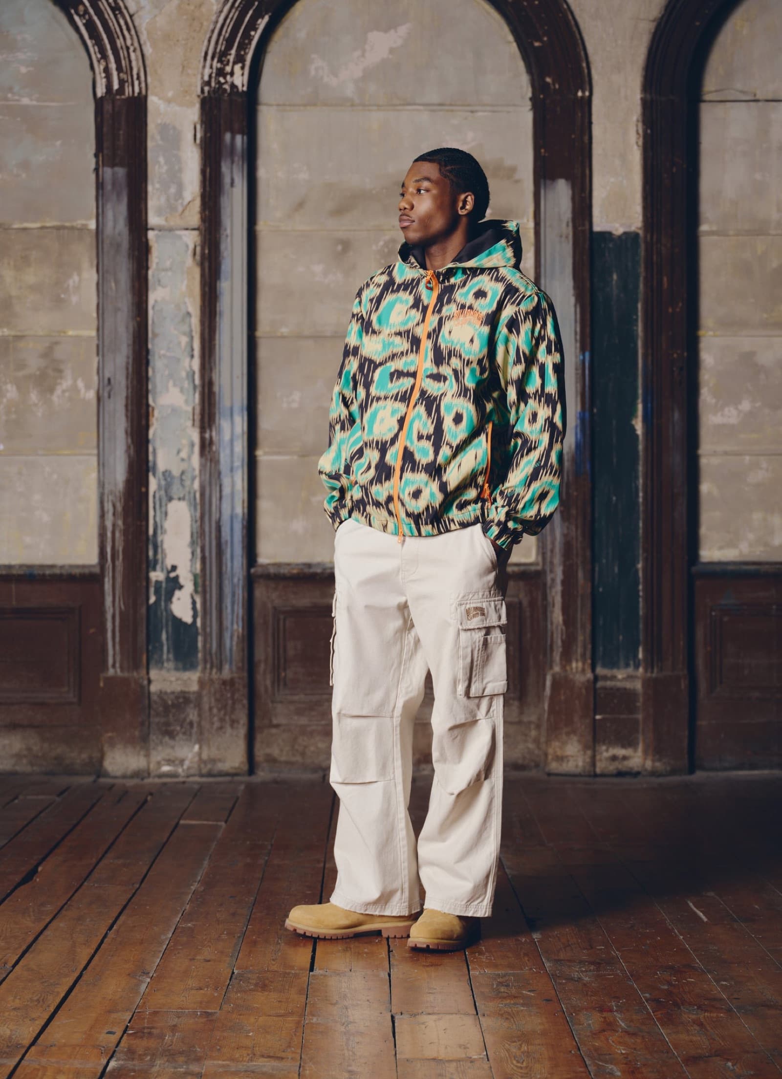 A Billionaire Boys Club printed jacket and cargo trousers from the lookbook