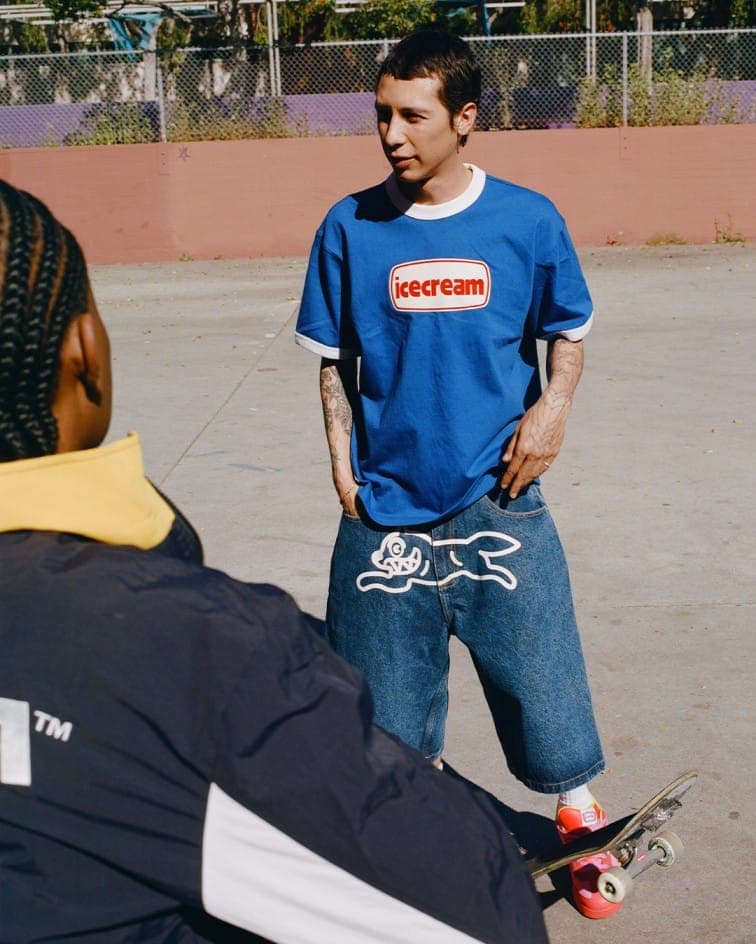 An ICECREAM tee and jeans in a skate park