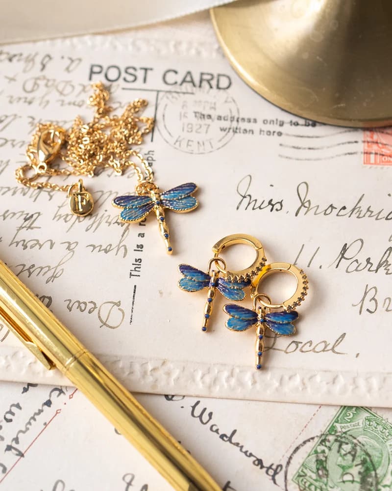 Fable England dragonfly necklace and earrings, hand-painted enamel on a vintage postcard
