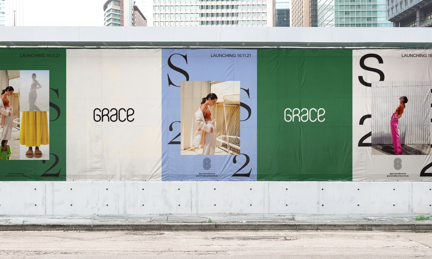 Street hoarding announcing the Grace rebrand launch, designed by Paper Stone Scissors