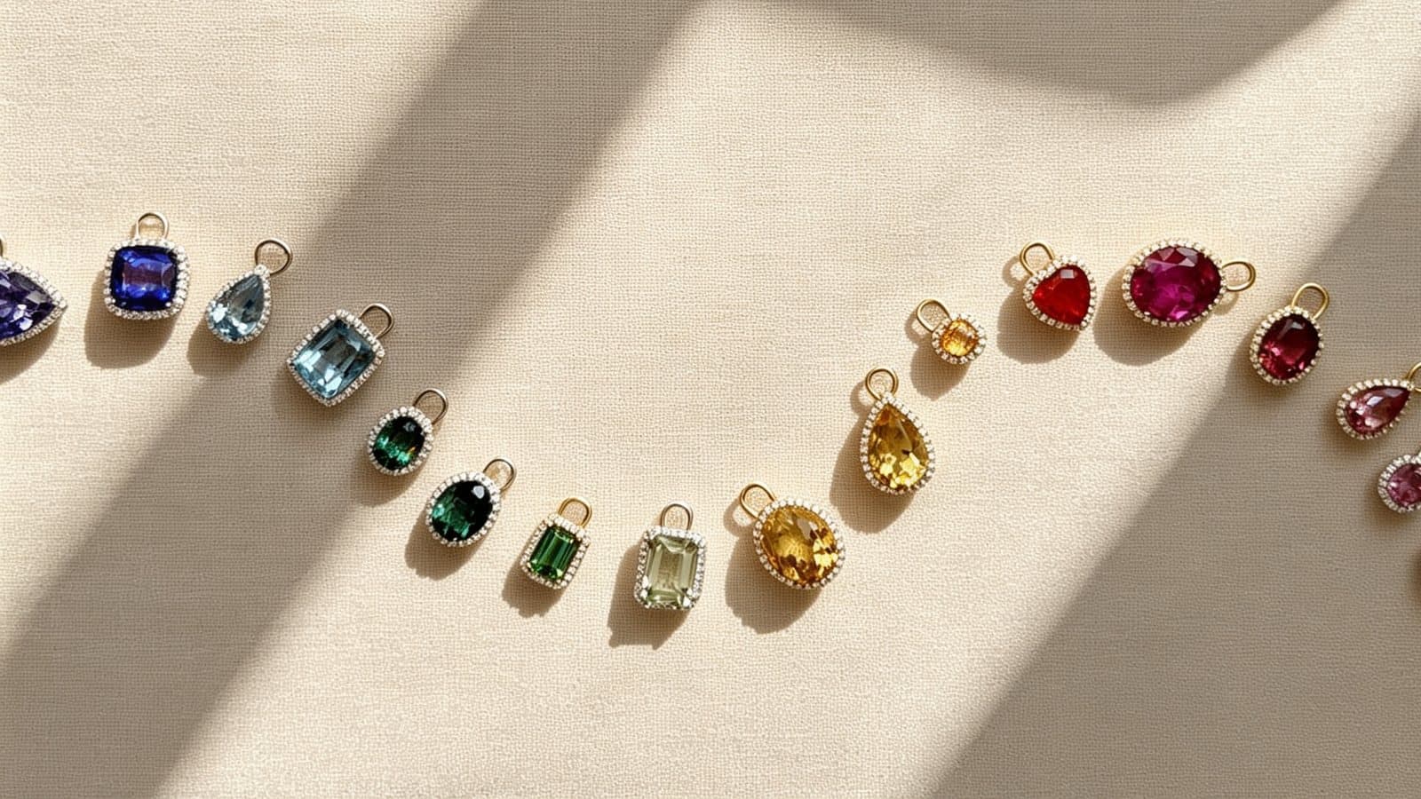 Kiki McDonough coloured gemstone charms on a gold chain, in sunlight