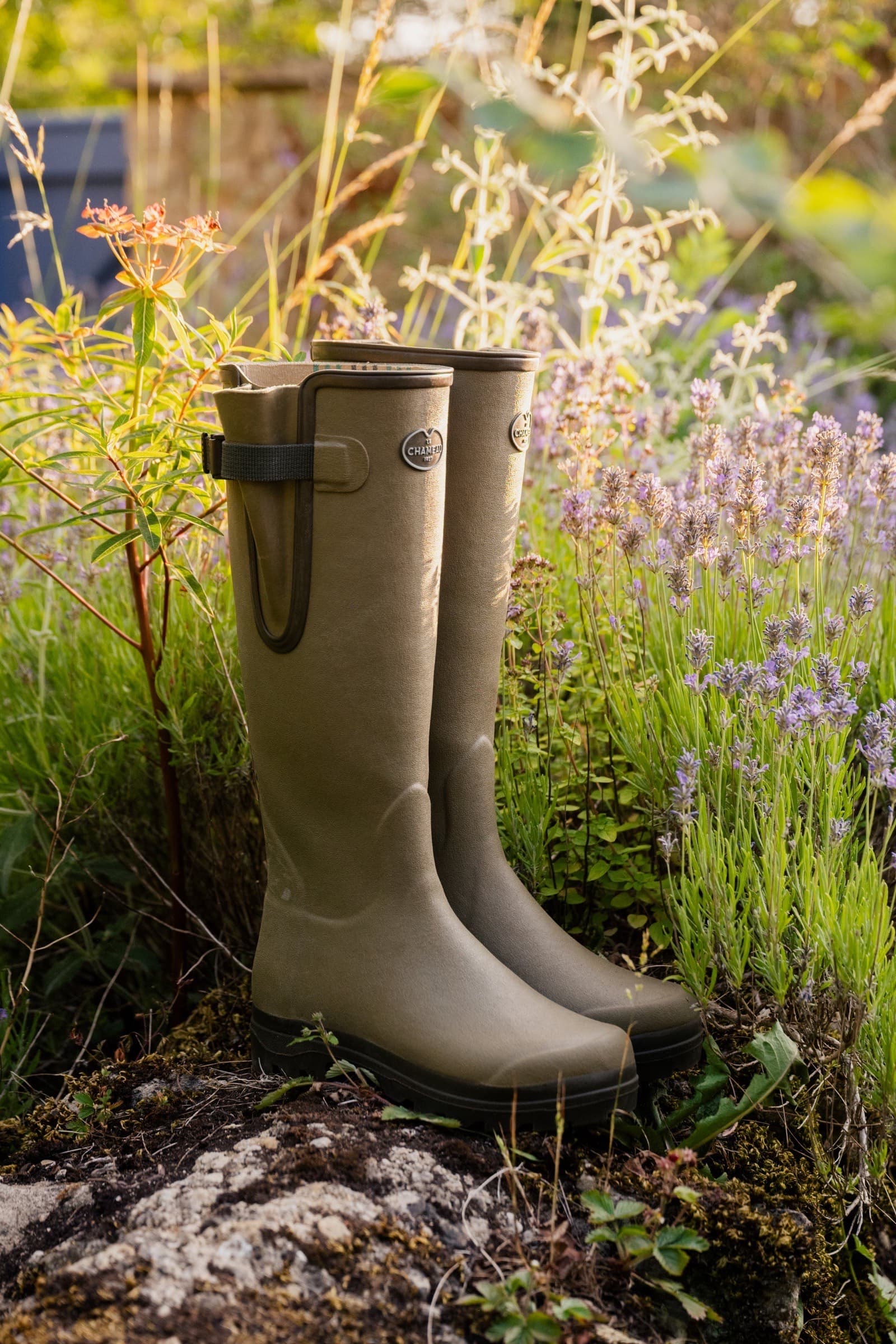 Le Chameau wellington boots among the flowers in the garden