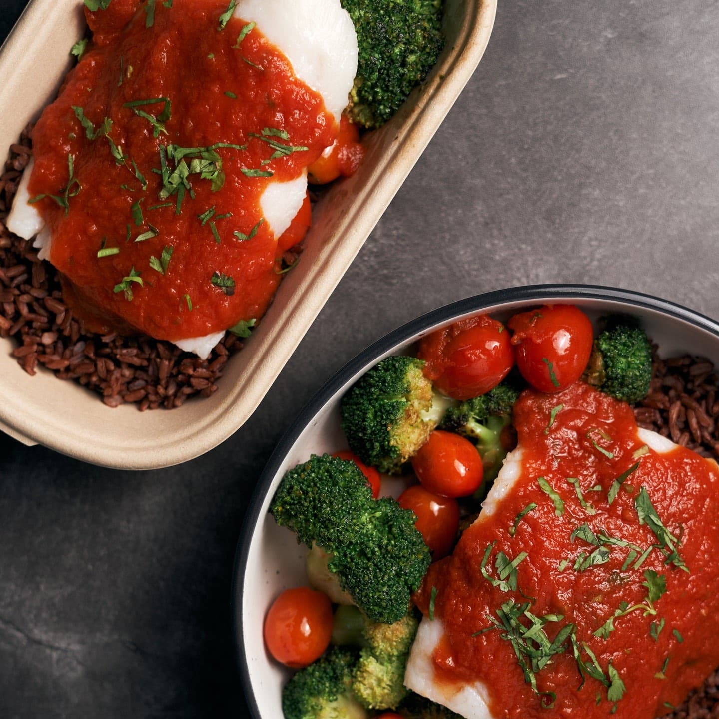 Sole fish with roasted broccoli and red rice from a Nutrition Kitchen weekly menu