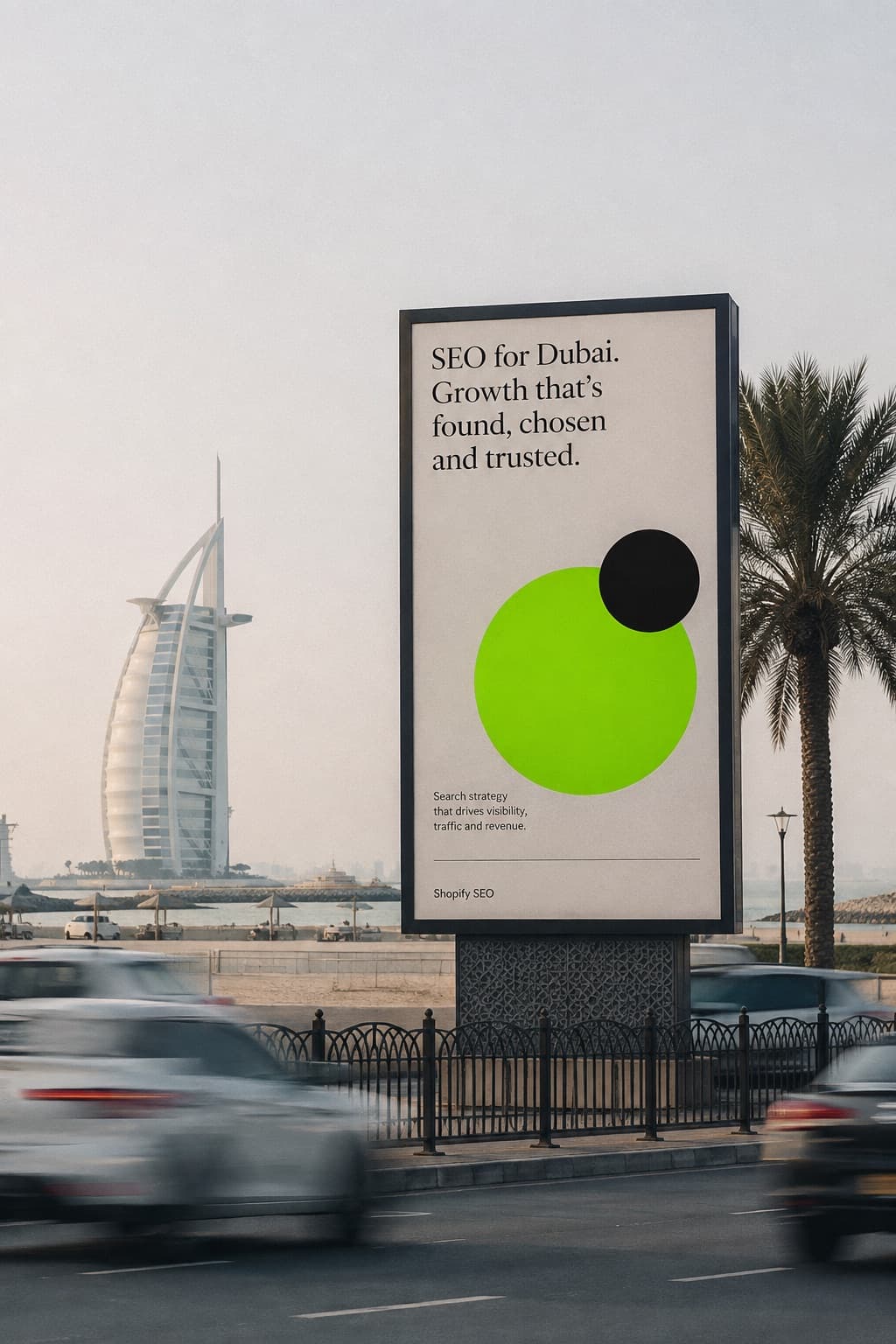 An SEO for Dubai billboard on a Jumeirah roadside, the Burj Al Arab behind