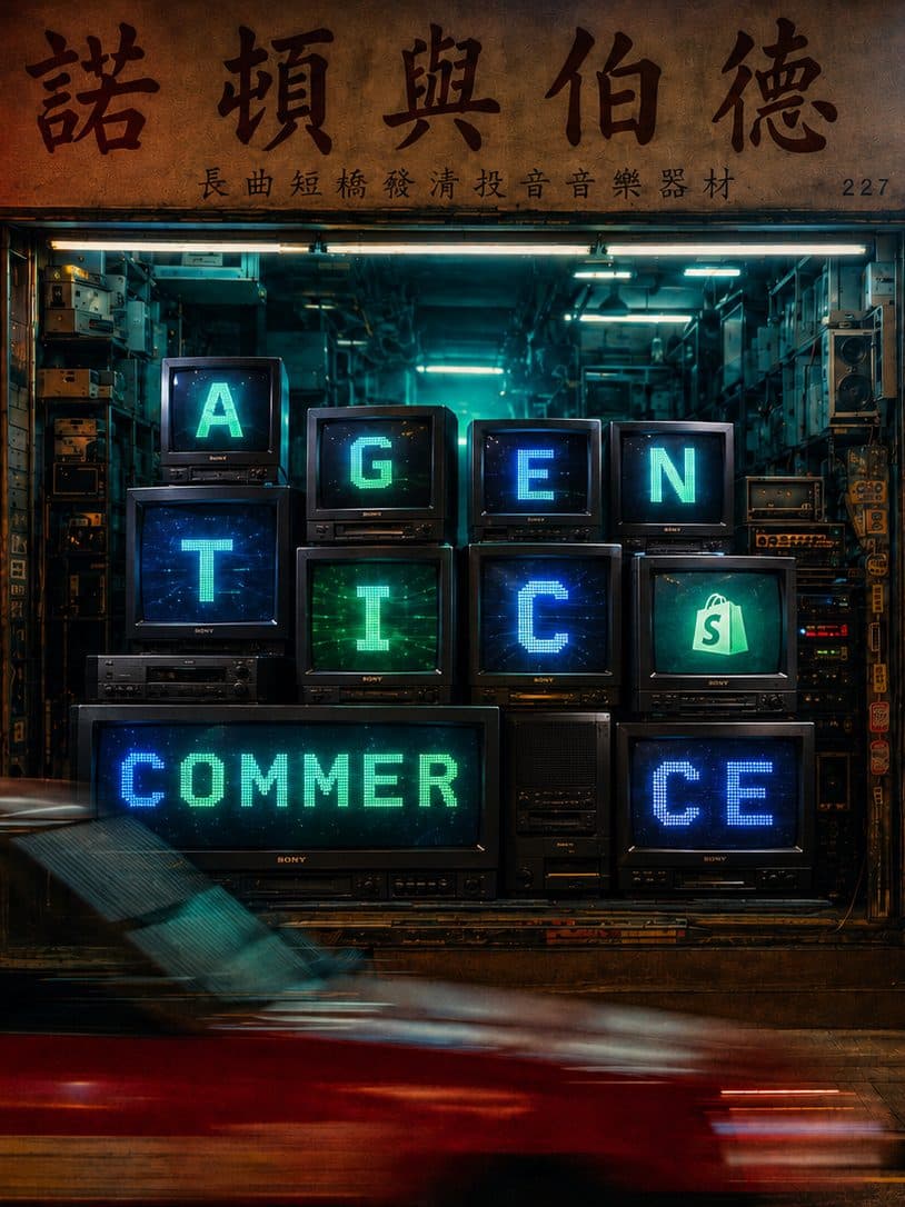 A Hong Kong electronics shopfront on Lockhart Road, a stack of vintage televisions in the window spelling Agentic Commerce with the Shopify bag on one screen, and a taxi blurring past