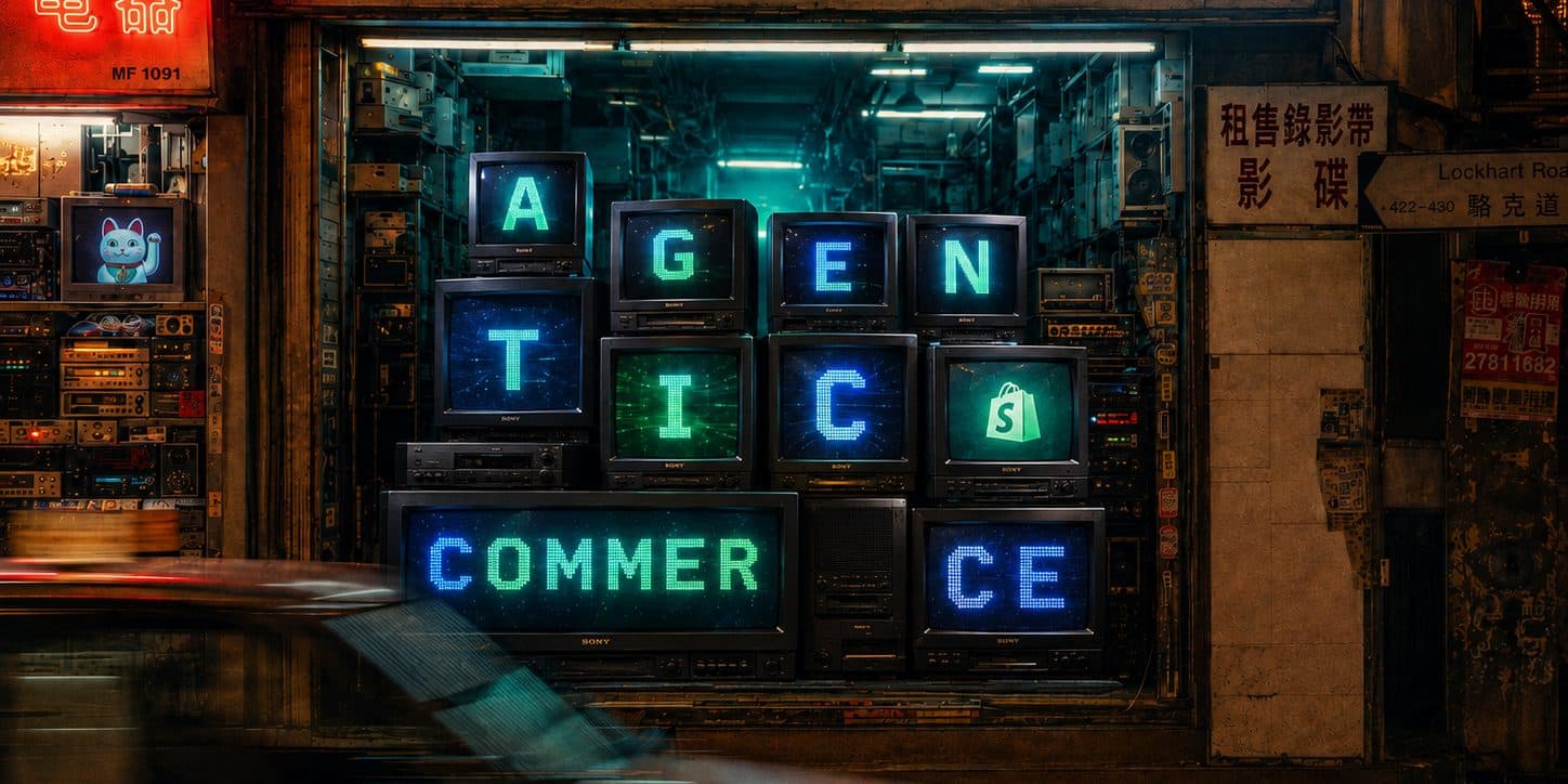 A Hong Kong electronics shopfront on Lockhart Road, a stack of vintage televisions in the window spelling Agentic Commerce with the Shopify bag on one screen, and a taxi blurring past