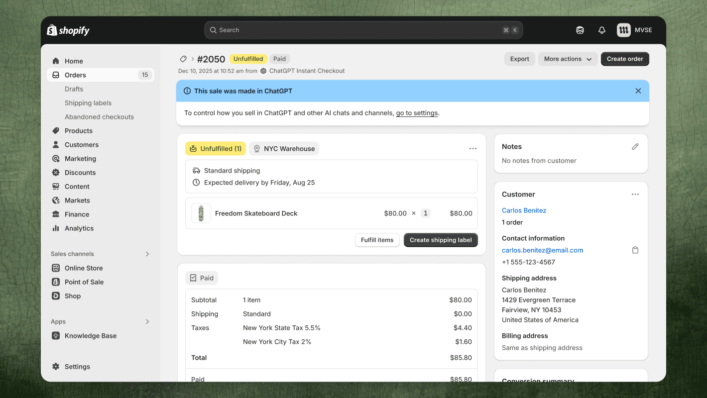 A Shopify admin order screen showing an order marked This sale was made in ChatGPT