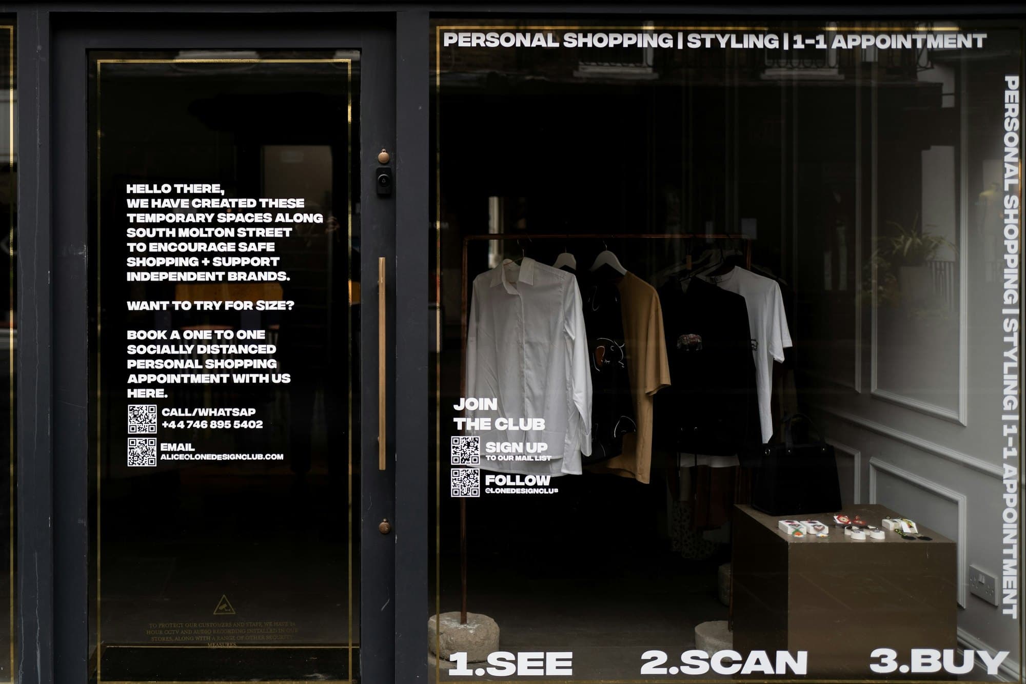 A shopfront with its terms printed straight onto the glass, telling passers-by what the space is and how to use it