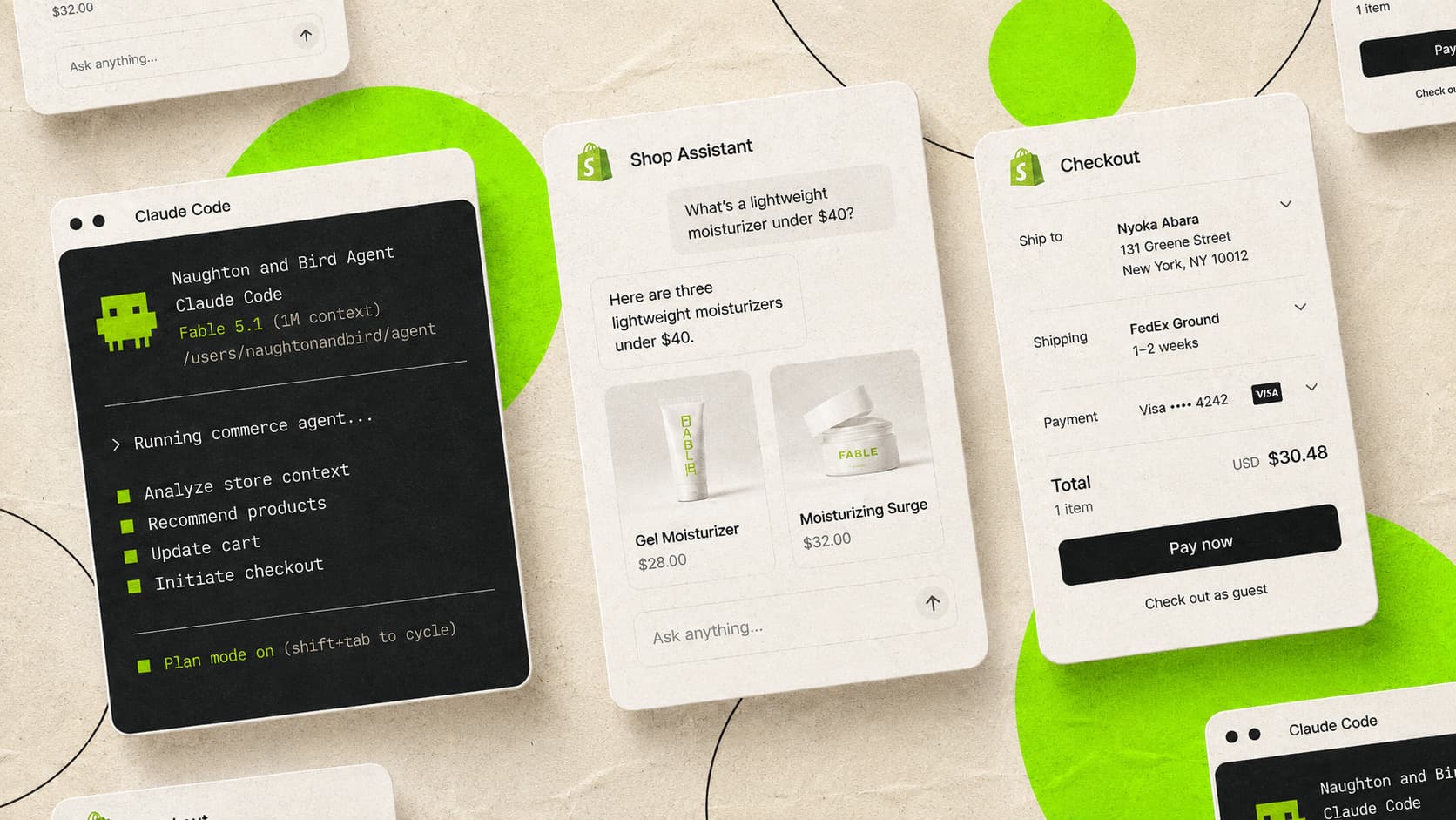 Three panels on a paper background: a Claude Code terminal running a Naughton and Bird commerce agent, a Shopify shop assistant answering a question about a lightweight moisturiser under $40 with two products, and a Shopify checkout ready to pay